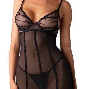 Obsessive Negligé Nuites - Verführerisches schwarzes Negligé mit Punkte-Design, Strapsen und Strumpfbändern, Größe S-XL – A