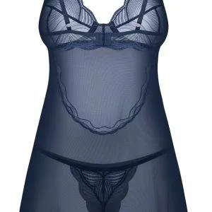 Obsessive Nightly Blue Set - Blaues Negligé und String, Größe S/M, sinnlich elegant Obsessive Nightly Blue Set - Negligé und String in Blau, Größe S-L – Hollow B