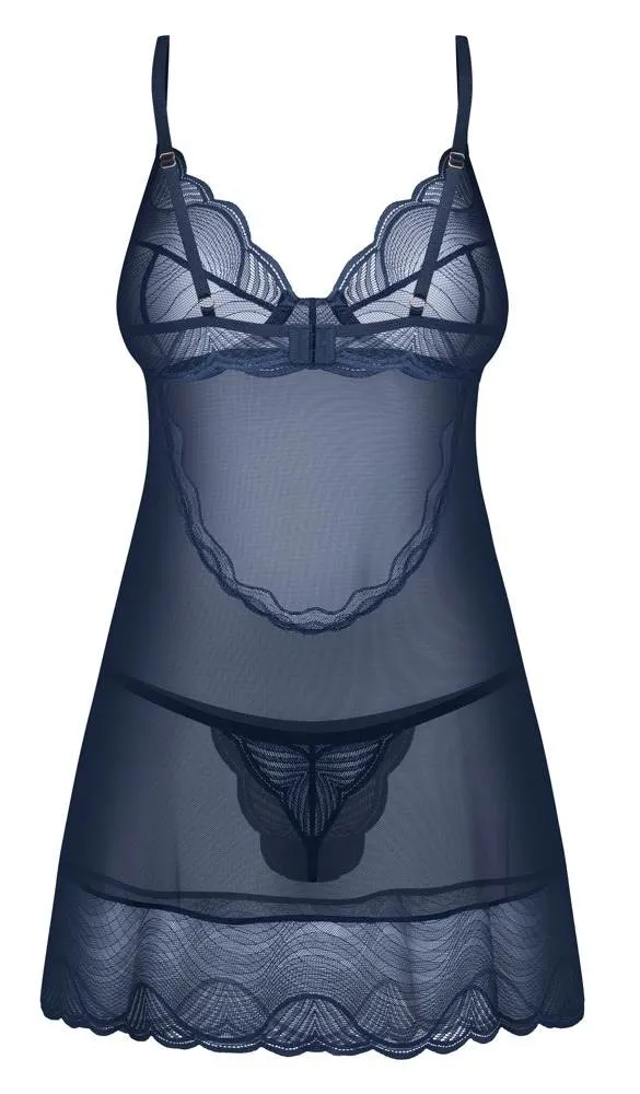 Obsessive Nightly Blue Set - Blaues Negligé und String, Größe S/M, sinnlich elegant Obsessive Nightly Blue Set - Negligé und String in Blau, Größe S-L – Hollow B