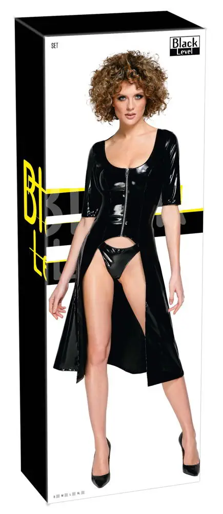 28517411021_verp Black Level Lack-Set 2in1 Glanz-Kleid und Mantel in Schwarz