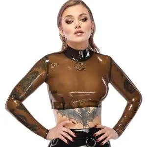 LateX Transparentes Langarm-Shirt mit Metallring und Stehkragen - rauchfarben, bauchfrei – A