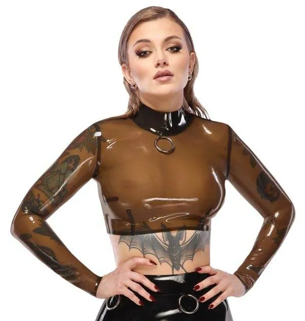 LateX Transparentes Bauchfreies Langarm-Shirt mit Metallring, Rauchfarben, Größe S/M/L LateX Transparentes Langarm-Shirt mit Metallring und Stehkragen - rauchfarben, bauchfrei – A