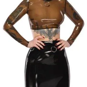 LateX Transparentes Bauchfreies Langarm-Shirt mit Metallring, Rauchfarben, Größe S/M/L LateX Transparentes Langarm-Shirt mit Metallring und Stehkragen - rauchfarben, bauchfrei – B
