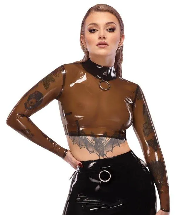 LateX Transparentes Bauchfreies Langarm-Shirt mit Metallring, Rauchfarben, Größe S/M/L LateX Transparentes Langarm-Shirt mit Metallring und Stehkragen - rauchfarben, bauchfrei – C