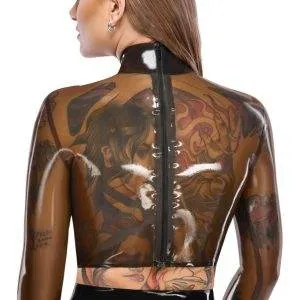 LateX Transparentes Bauchfreies Langarm-Shirt mit Metallring, Rauchfarben, Größe S/M/L LateX Transparentes Langarm-Shirt mit Metallring und Stehkragen - rauchfarben, bauchfrei – Rückseite