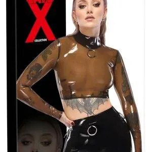 LateX Transparentes Langarm-Shirt mit Metallring und Stehkragen - rauchfarben, bauchfrei – Verpackung