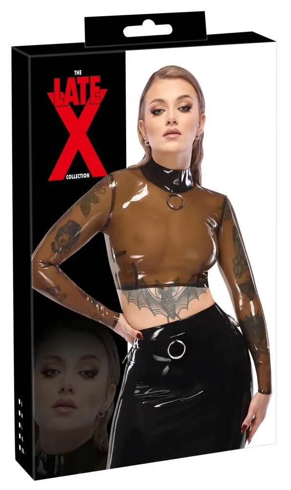 LateX Transparentes Langarm-Shirt mit Metallring und Stehkragen - rauchfarben, bauchfrei – Verpackung LateX Transparentes Langarm-Shirt mit Metallring und Stehkragen - rauchfarben, bauchfrei – Verpackung