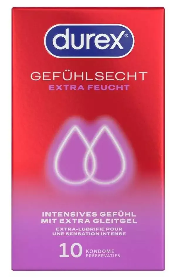 Durex Gefühlsecht Extra Feucht Kondome 10er Pack, 56 mm – Verpackung