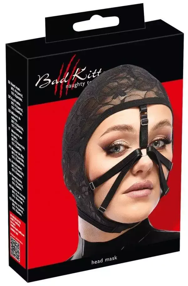 Bad Kitty Schwarze Spitzen-Kopfmaske, Einheitsgröße, bizarres Design – Verpackung