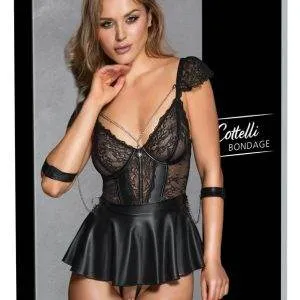 Cottelli BONDAGE Set - Spitzen-Babydoll mit Ouvert-String und Handfesseln, schwarz – Verpackung