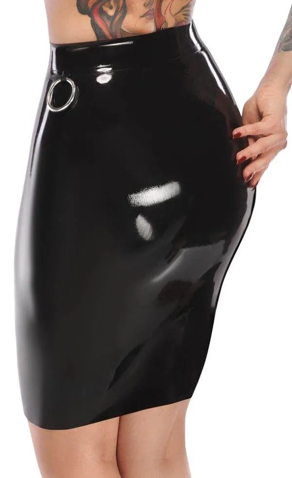 LateX Knielanger Rock mit Fesselringen in Schwarz LateX Knielanger Rock mit Fesselringen in Schwarz – D-1
