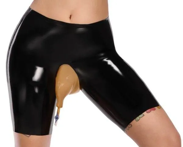 LateX Latex-Radlerpants mit Urinbeutel-Einsatz, transparent, schwarz, Größe M LateX Latex-Radlerpants mit Urinbeutel-Einsatz, transparent, schwarz, Größe M – A