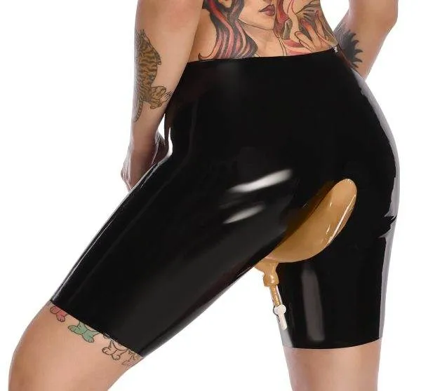 LateX Latex-Radlerpants mit Urinbeutel-Einsatz, transparent, schwarz, Größe M LateX Latex-Radlerpants mit Urinbeutel-Einsatz, transparent, schwarz, Größe M – D