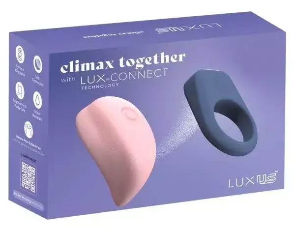 LuxUs - Hightech-Paartoy-Set, LuxHer Klitoris-Vibrator & LuxHim Penisring, Silikon, wasserdicht – Verpackung