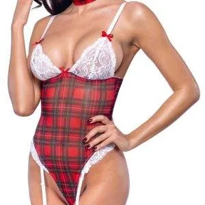 Cottelli LINGERIE - Verspieltes Karo-Dessous-Set - Straps-Body mit Halsband - Weiß/Rot Cottelli LINGERIE - Verspieltes Karo-Dessous-Set - Straps-Body mit Halsband - Weiß/Rot – Bild 3