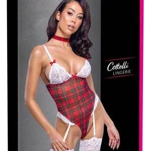 Cottelli LINGERIE - Verspieltes Karo-Dessous-Set - Straps-Body mit Halsband - Weiß/Rot