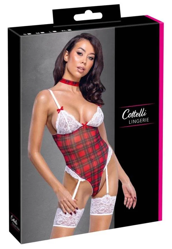 24713103021_verp Cottelli LINGERIE - Verspieltes Karo-Dessous-Set - Straps-Body mit Halsband - Weiß/Rot