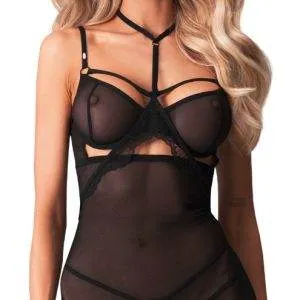 Obsessive Arrowel Schwarzes Negligé - Figurbetontes Powernet-Transparenz Dessous