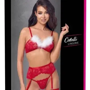 Cottelli LINGERIE 3-teiliges X-Mas Straps-Set, rot mit weißem Federbesatz