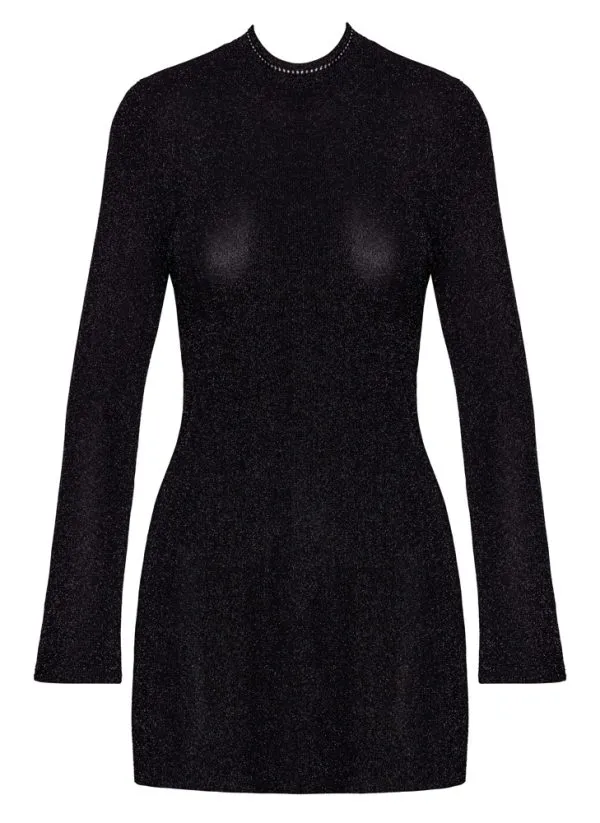 Noir Exklusives Glitzer-Minikleid - Schwarz, Trompeten-Ärmel, Stehkragen mit Glitzersteinen Noir Exklusives Glitzer-Minikleid - Schwarz, Trompeten-Ärmel, Stehkragen mit Glitzersteinen