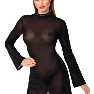Noir Exklusives Glitzer-Minikleid - Schwarz, Trompeten-Ärmel, Stehkragen mit Glitzersteinen Noir Exklusives Glitzer-Minikleid - Schwarz, Trompeten-Ärmel, Stehkragen mit Glitzersteinen – Bild 1