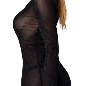 Noir Exklusives Glitzer-Minikleid - Schwarz, Trompeten-Ärmel, Stehkragen mit Glitzersteinen Noir Exklusives Glitzer-Minikleid - Schwarz, Trompeten-Ärmel, Stehkragen mit Glitzersteinen – Bild 3
