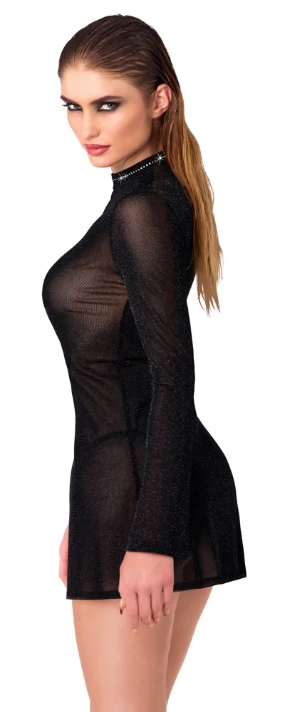 Noir Exklusives Glitzer-Minikleid - Schwarz, Trompeten-Ärmel, Stehkragen mit Glitzersteinen Noir Exklusives Glitzer-Minikleid - Schwarz, Trompeten-Ärmel, Stehkragen mit Glitzersteinen