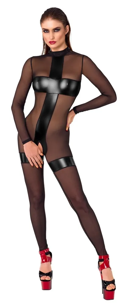 27308711021_nor_a Noir - Schwarzer Overall ouvert mit Transparenz, Größe S, Farbe Schwarz