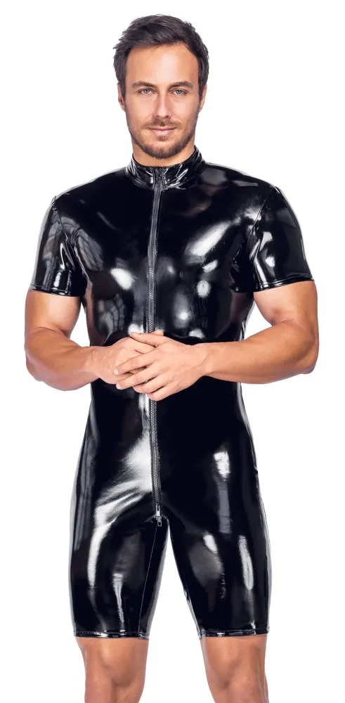Black Level Glänzender Lack-Overall kurzarm schwarz