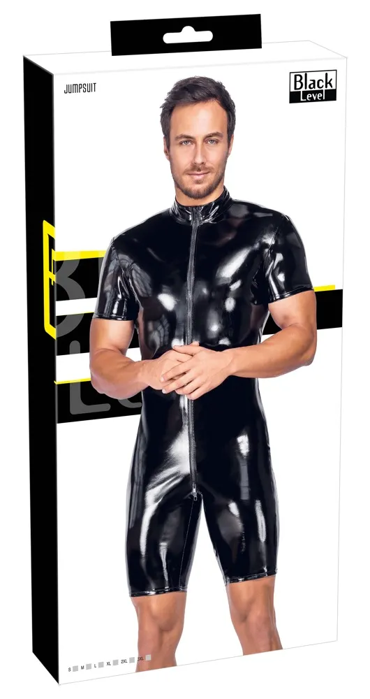 Black Level Glänzender Lack-Overall kurzarm schwarz